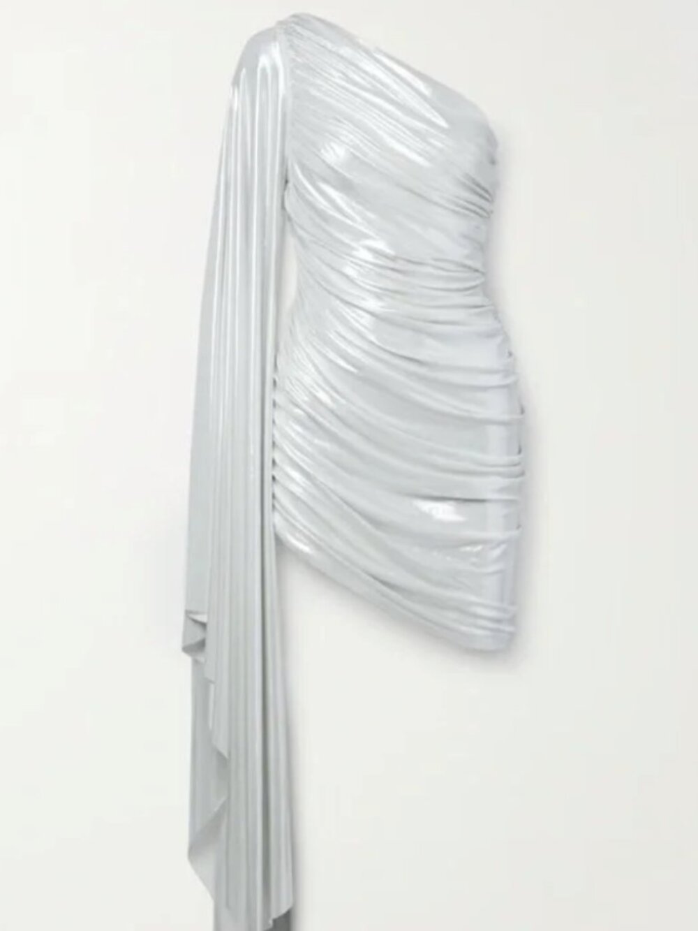 Norma Kamali Diana one-sleeve draped ruched stretch-lamé dress